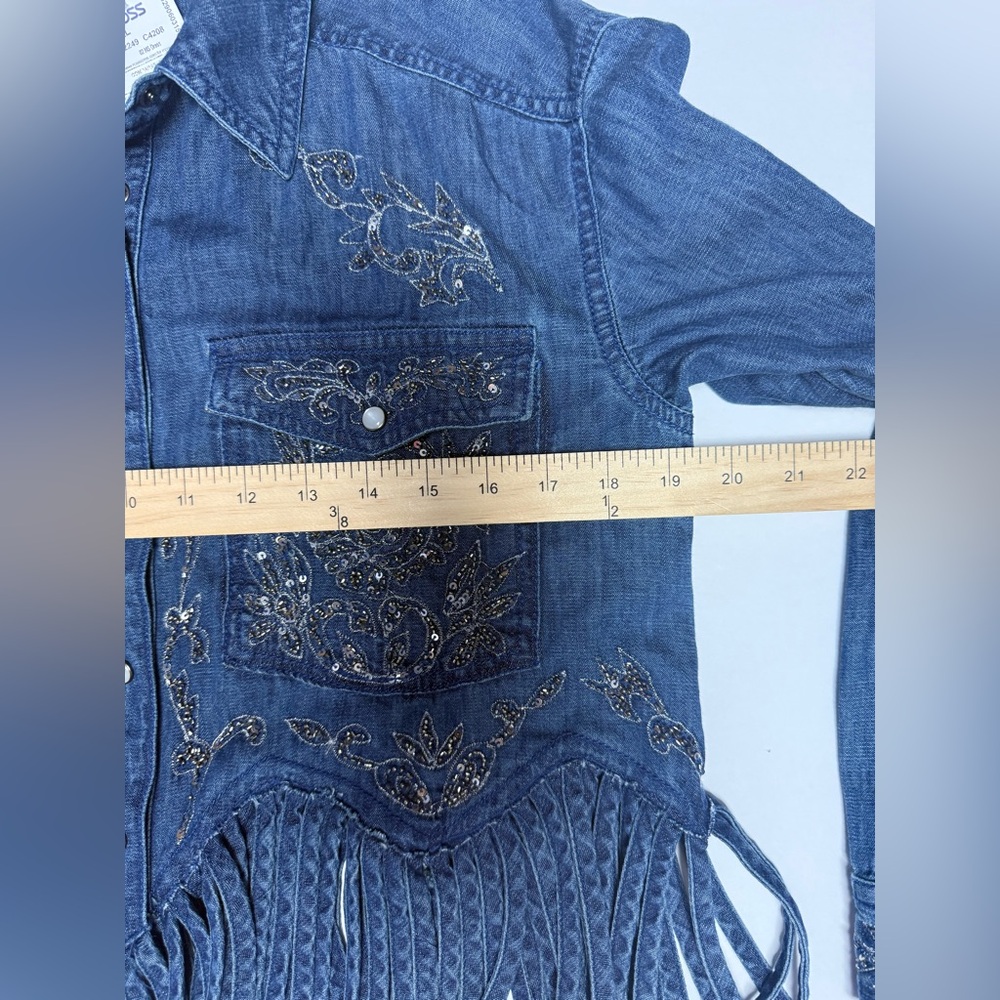 NWT Pilcro Denim Silver embellished Collar Button Down fringe bottom Shirt XXS - Picture 10 of 16